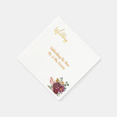Burgundy Floral & Gold Script Wedding スタンダードカクテルナプキン (角)