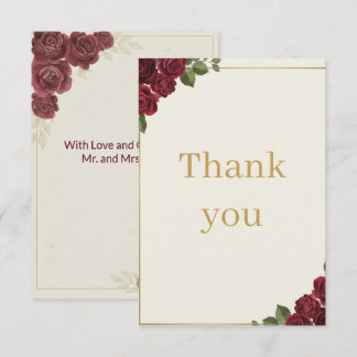 Burgundy Floral Gold Script Wedding Thank You Card サンキューカード