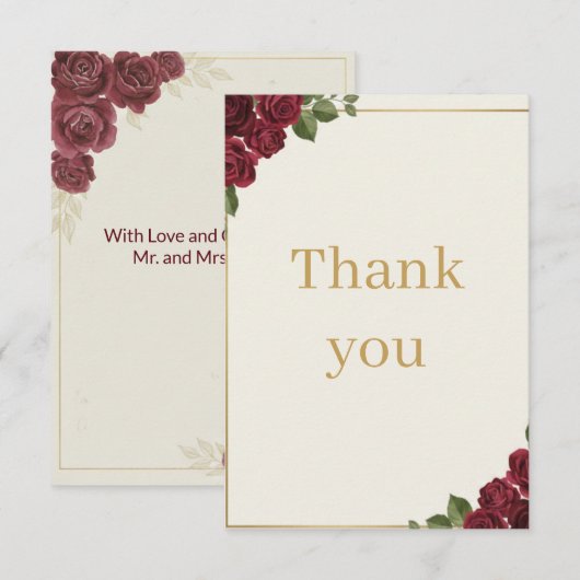 Burgundy Floral Gold Script Wedding Thank You Card サンキューカード (正面/裏面)