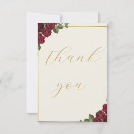 Burgundy Floral Gold Script Wedding Thank You Card サンキューカード