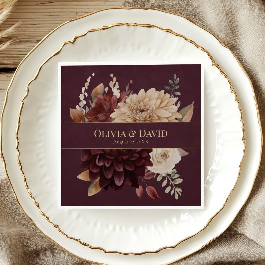Burgundy Floral Gothic Personalized Wedding Napkin スタンダードカクテルナプキン