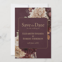 Burgundy Floral Gothic Save the Date Card 招待状
