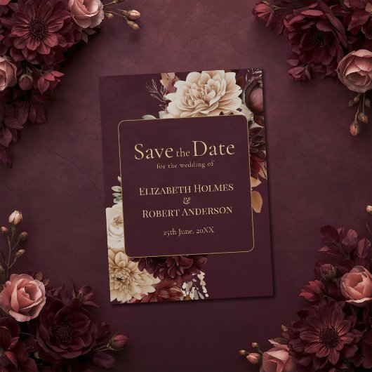 Burgundy Floral Gothic Save the Date Card 招待状