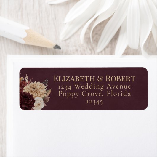 Burgundy Floral Gothic Wedding Address Label ラベル (インサイチュ)