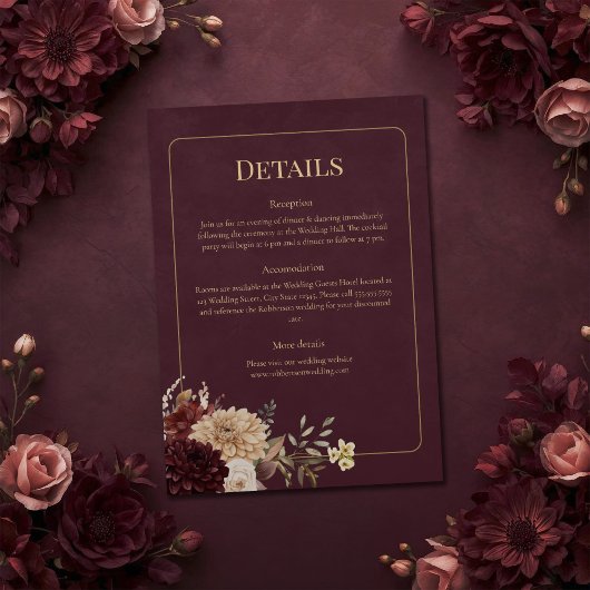Burgundy Floral Gothic Wedding Details Card 招待状