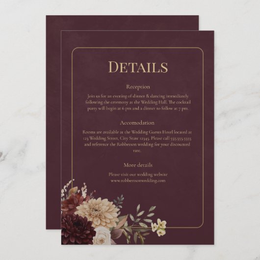 Burgundy Floral Gothic Wedding Details Card 招待状 (正面/裏面)