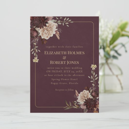 Burgundy Floral Gothic Wedding Invitation 招待状 (スタンド正面)