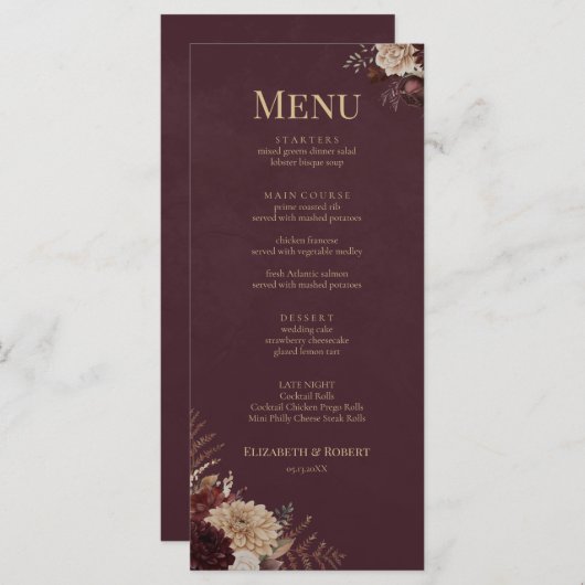 Burgundy Floral Gothic Wedding Menu メニュー (正面/裏面)