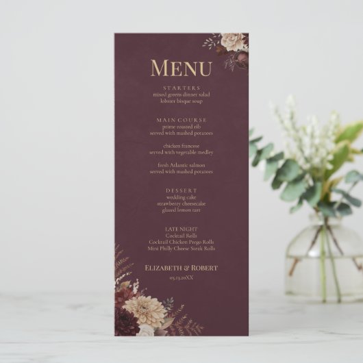Burgundy Floral Gothic Wedding Menu メニュー (スタンド正面)