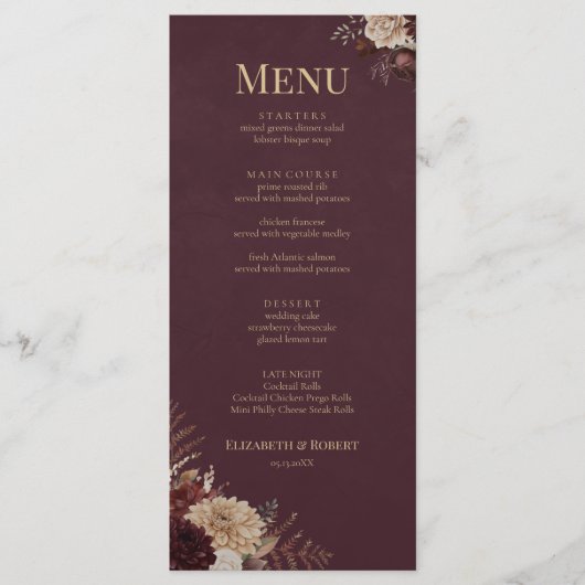 Burgundy Floral Gothic Wedding Menu メニュー (正面)