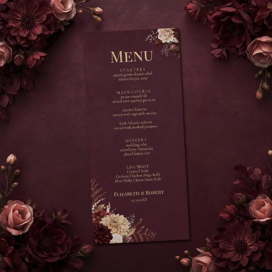 Burgundy Floral Gothic Wedding Menu メニュー