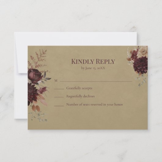 Burgundy Floral Gothic Wedding RSVP Card (正面)
