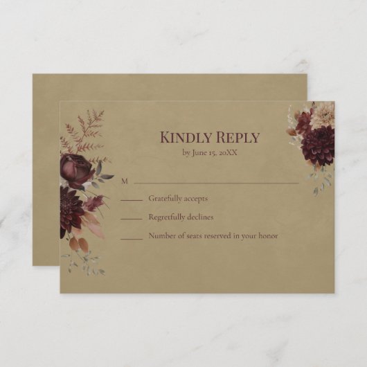 Burgundy Floral Gothic Wedding RSVP Card (正面/裏面)