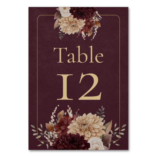 Burgundy Floral Gothic Wedding Table Number テーブルナンバー (正面)