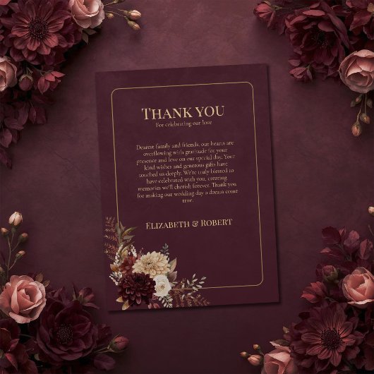 Burgundy Floral Gothic Wedding Thank You Card サンキューカード