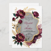 Burgundy Floral Gray Gold Luxury Wedding 招待状 (正面/裏面)