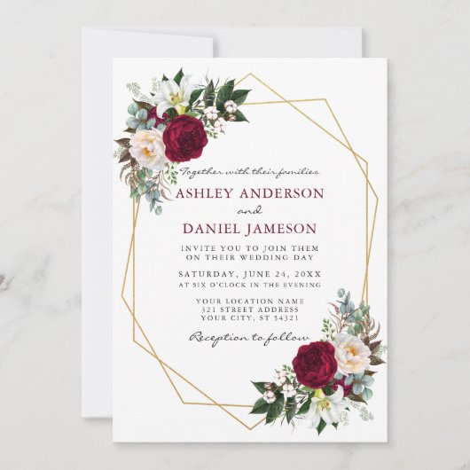 Burgundy Floral Greenery Gold Frame Wedding B 招待状 (正面)