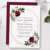 Burgundy Floral Greenery Gold Frame Wedding B 招待状