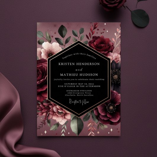 Burgundy Floral Luxe Wedding 招待状