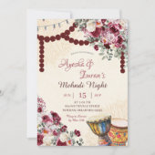 Burgundy Floral Mehndi, Haldi, Sangeet, Rokka 招待状 (正面)