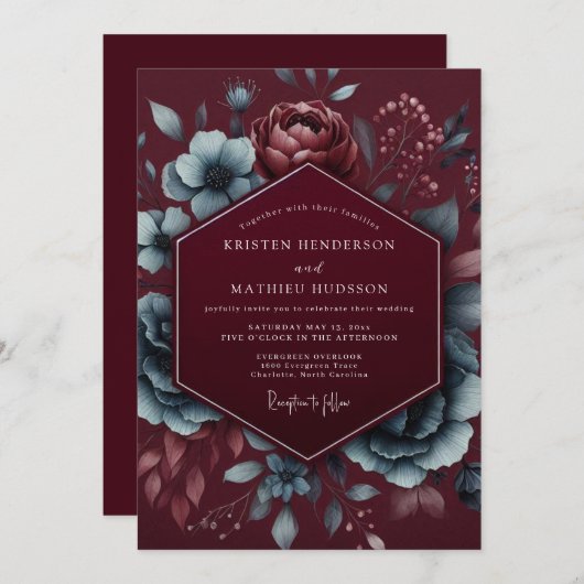 Burgundy Floral Mood Wedding 招待状 (正面/裏面)