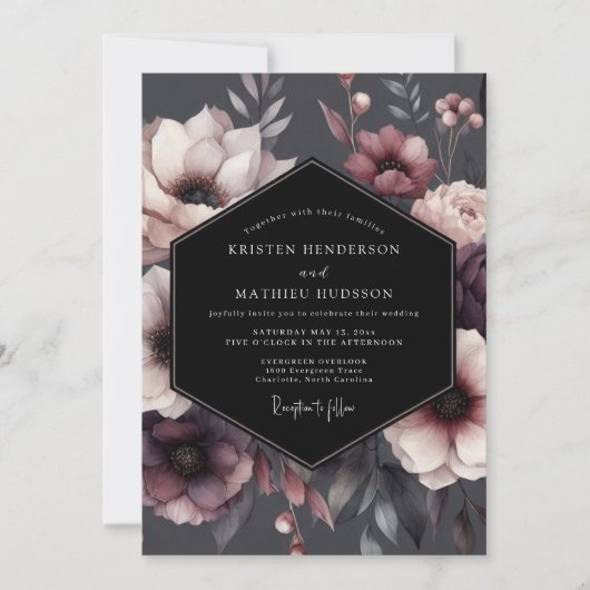 Burgundy Floral Moody Wedding 招待状 (正面)