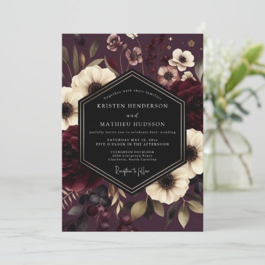 Burgundy Floral Night Wedding 招待状 (スタンド正面)