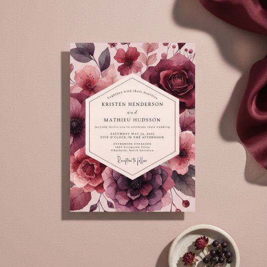 Burgundy Floral Opulent Romance Wedding 招待状