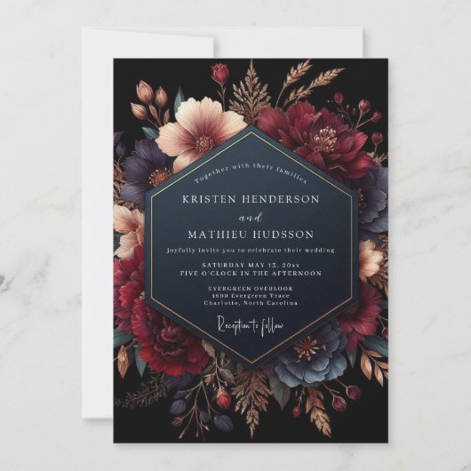 Burgundy Floral Opulent Romance Wedding 招待状 (正面)
