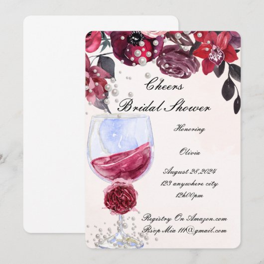 burgundy floral pearls bridal shower invitation 招待状 (正面/裏面)