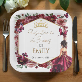 Burgundy Floral Presentación de 3 años ペーパープレート