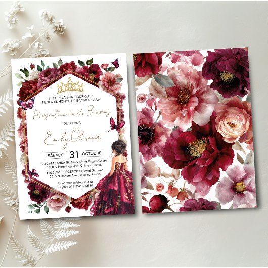 Burgundy Floral Presentación de 3 años 招待状