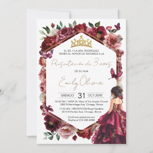 Burgundy Floral Presentación de 3 años 招待状 (正面)