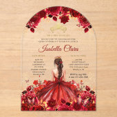 Burgundy Floral Princess Gold Quinceanera アクリル招待状 (正面)