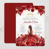 Burgundy Floral Princess Gold Quinceanera Invitati 招待状 (正面/裏面)
