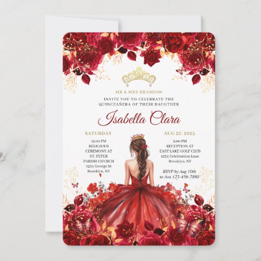 Burgundy Floral Princess Gold Quinceanera Invitati 招待状 (正面)