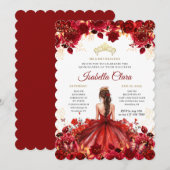 Burgundy Floral Princess Gold Quinceanera Invitati 招待状 (正面/裏面)