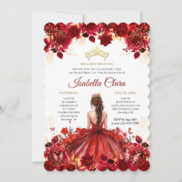 Burgundy Floral Princess Gold Quinceanera Invitati 招待状
