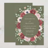 Burgundy Floral Romantic Bloom Wedding 招待状 (正面/裏面)