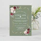 Burgundy Floral Sage Green All In One Wedding   招待状 (スタンド正面)