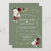 Burgundy Floral Sage Green All In One Wedding   招待状 (正面/裏面)