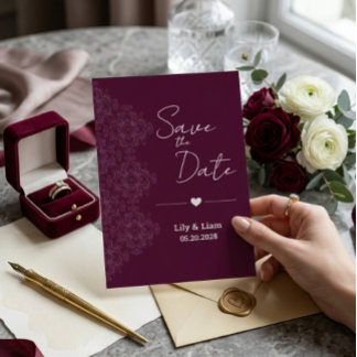 Burgundy Floral Save the Date Wedding Invitation 招待状