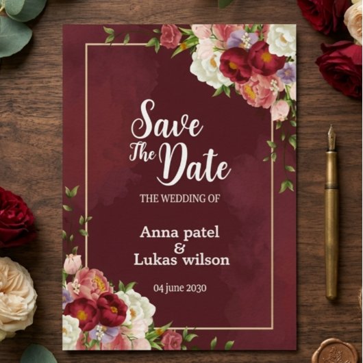 Burgundy Floral Save the Date Wedding Invitation 招待状