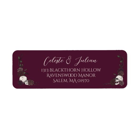 Burgundy Floral Skull Gothic Return Address ラベル (正面)