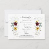 Burgundy Floral Sunflowers Airy Leaves Wedding 出欠カード (正面)