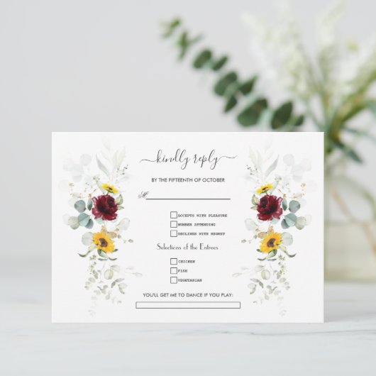 Burgundy Floral Sunflowers Airy Leaves Wedding 出欠カード (スタンド正面)