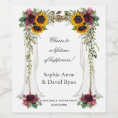 Burgundy Floral Sunflowers Canopy Wedding ワインラベル (シングルラベル)