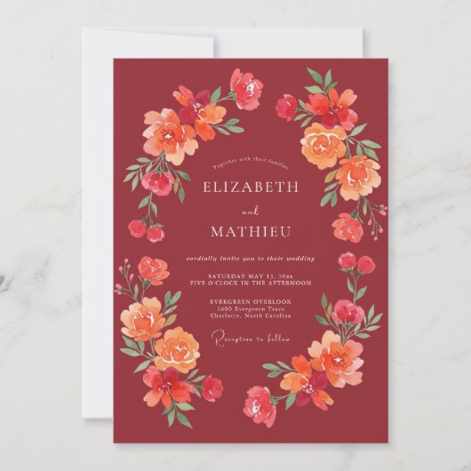 Burgundy Floral Swirl Wedding 招待状 (正面)