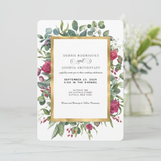 Burgundy Floral w/Gold Frame Wedding Invitation  招待状 (スタンド正面)