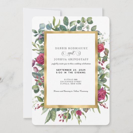 Burgundy Floral w/Gold Frame Wedding Invitation  招待状 (正面)